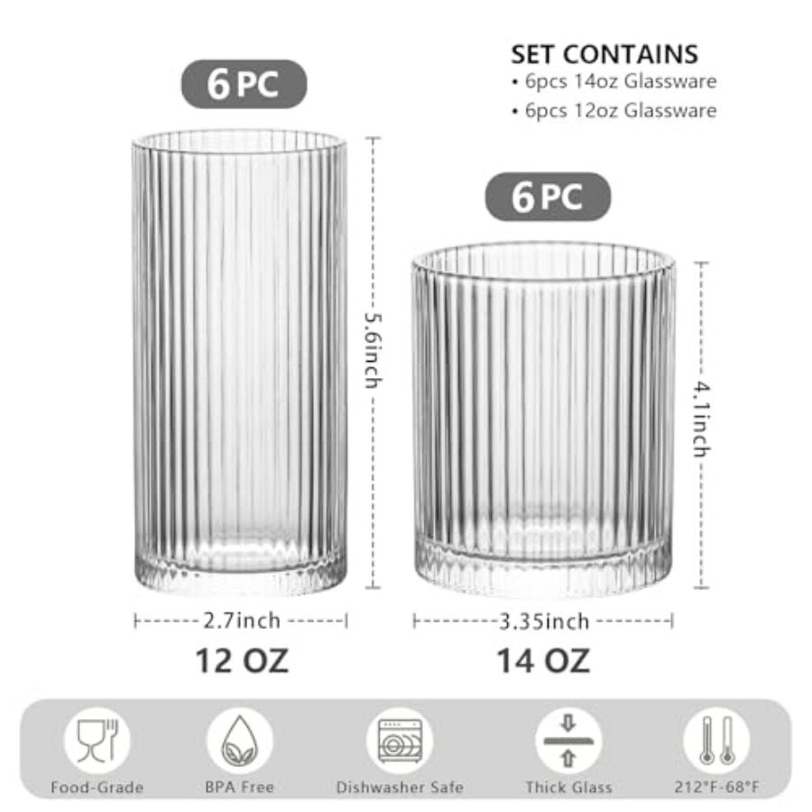 12Piece Ribbed Glassware Set w - Highball Glass Set review and price