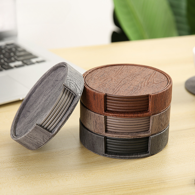 6 Wood Grain Leather Coasters  - Home Bar And Counter review and price