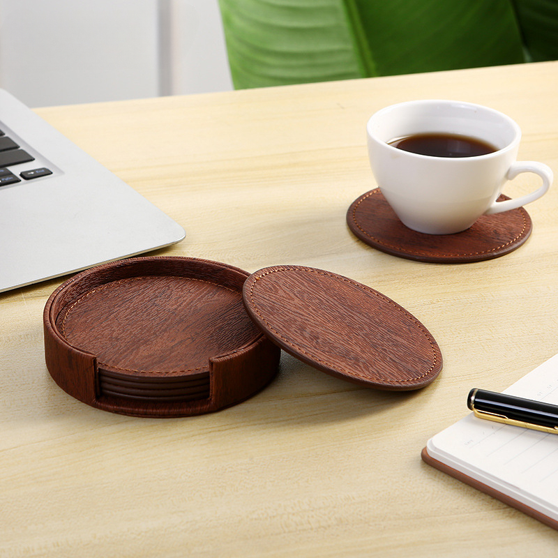6 Wood Grain Leather Coasters  - Home Bar And Counter review and price