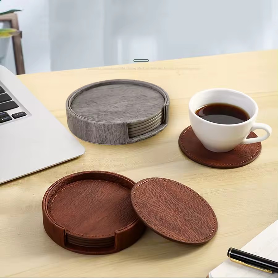 6 Wood Grain Leather Coasters  - Home Bar And Counter review and price