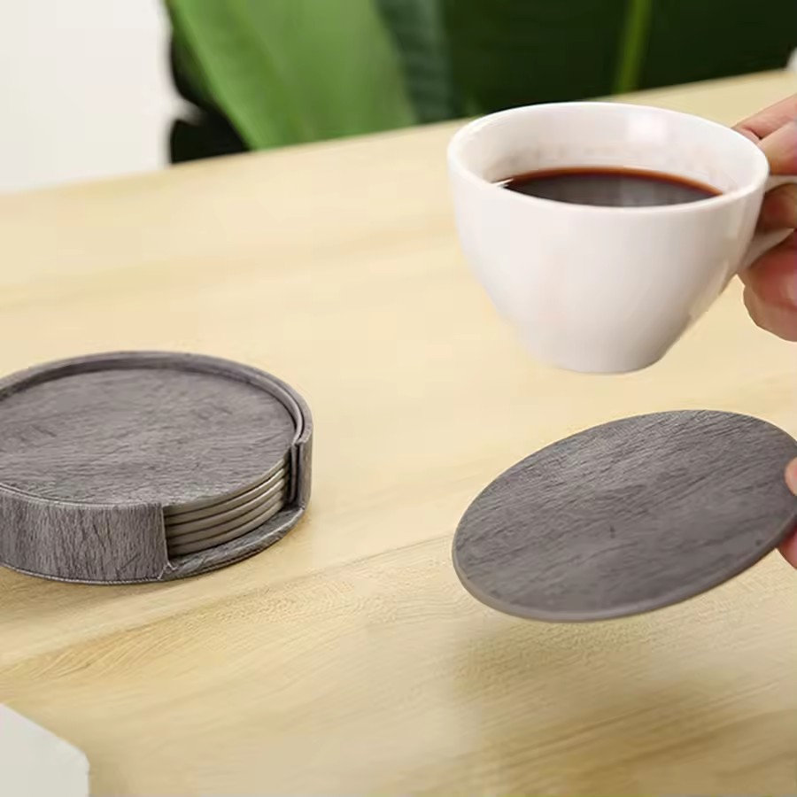 6 Wood Grain Leather Coasters  - Home Bar And Counter review and price