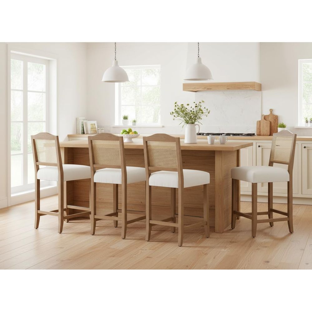 Set of 4 Linen Beige Cane Back - Home Bar And Counter review and price