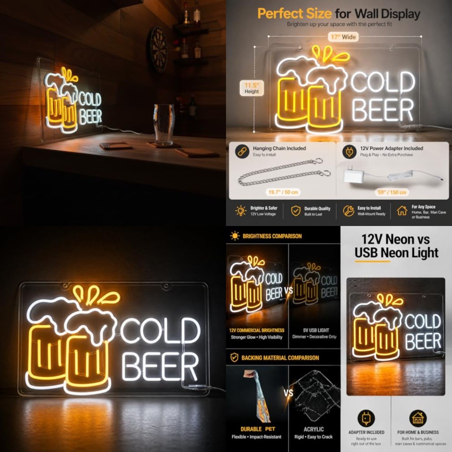 Cold Beer Neon Sign for Busine - Home Bar Signs review and price